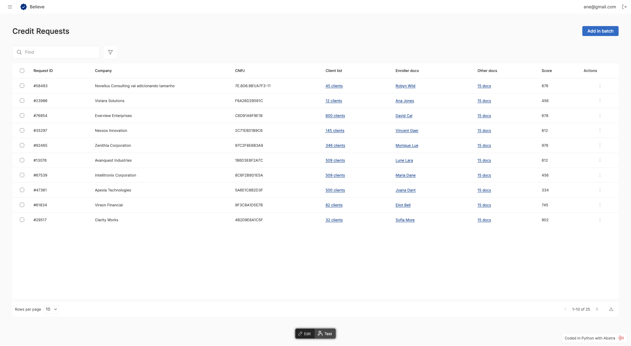 Credit Requests interface built with Abstra, showing a searchable table, document links, scores, and pagination