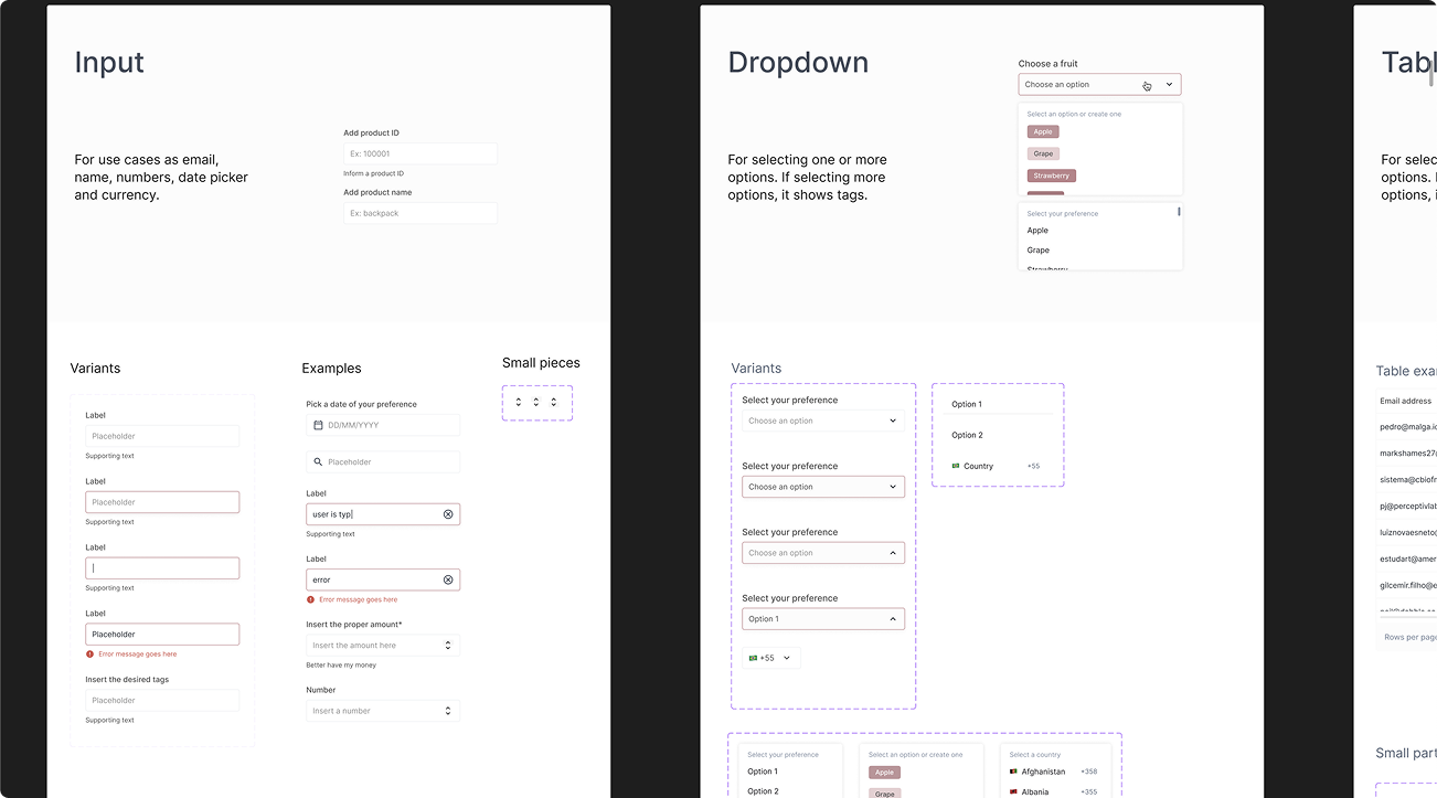 Abstra design system specifications showing input, dropdown, and table components with their variants