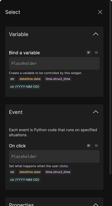 Python variable and event fields with expandable command inputs